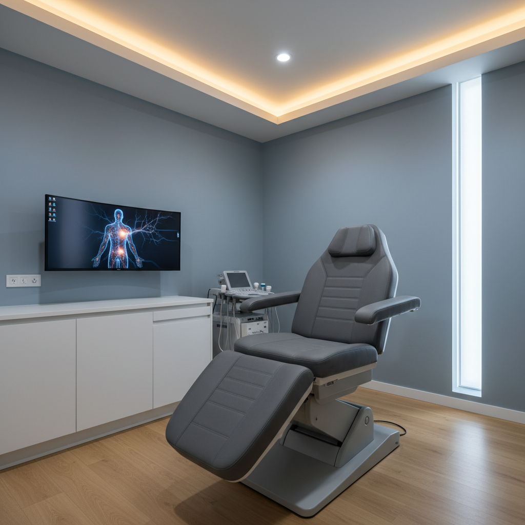 A specialized pain medicine consultation room designed for comfort and precision care, shown in photographic realism. In the center sits an advanced, adjustable treatment chair upholstered in soft charcoal gray, with subtle contouring and padded armrests. Along one wall, a sleek workstation displays a large monitor with an abstract, out-of-focus image implying pain mapping or treatment planning. Discreet cabinets and a small ultrasound device rest on a mobile cart. Warm, indirect LED lighting from a recessed ceiling combines with muted daylight from a narrow window, producing a soothing, low-glare environment. Captured from a three-quarter angle using the rule of thirds, the composition communicates targeted, compassionate pain management and meticulous clinical standards.